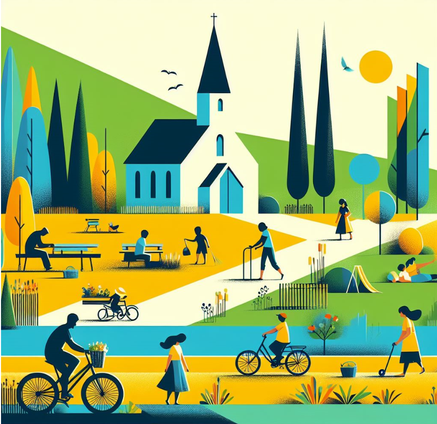 Illustration einer Kirche in der Natur umgeben von Menschen beim Fahrradfahren, Picknick und weiteren Aktivitäten in der Natur.